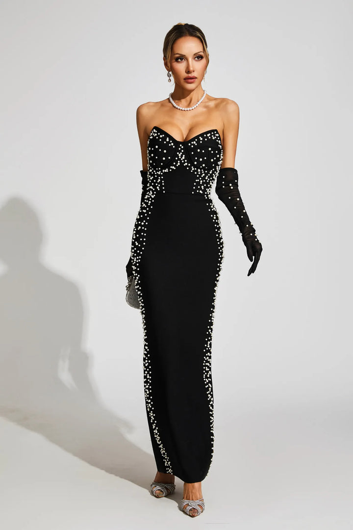 Quinara Siyah Düşük Omuz Bandajlı Uzun Elbise