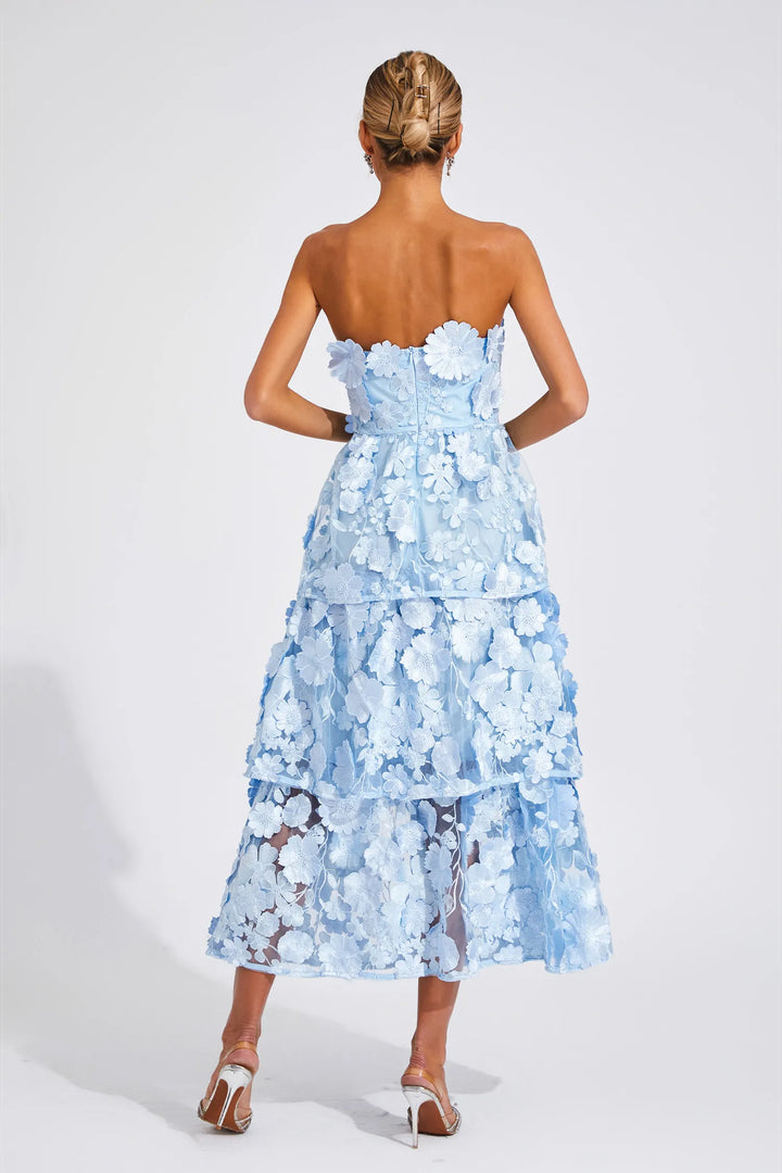 Estella Mavi Çiçek Düşük Omuz Uzun Elbise