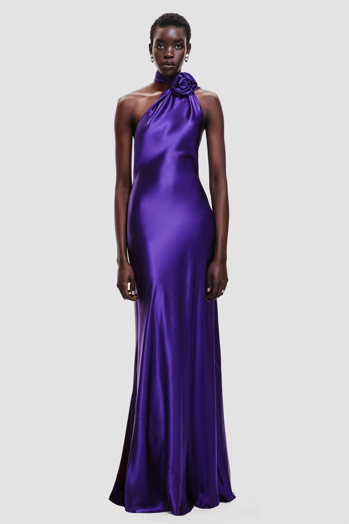 Verna Boyundan Bağlamalı Çiçekli Uzun Saten Elbise