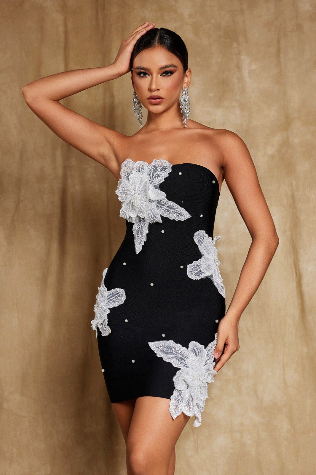 Niall Straplez Çiçek İnci Mini Elbise