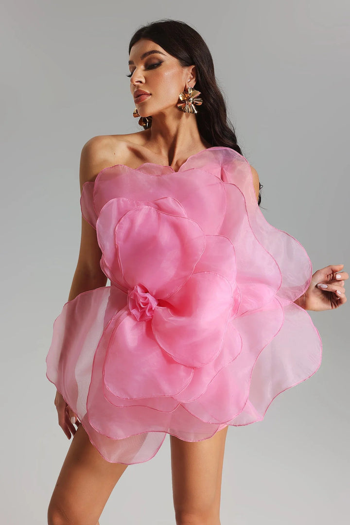 Pembe File Çiçek Mini Tüp Elbise-Pembe