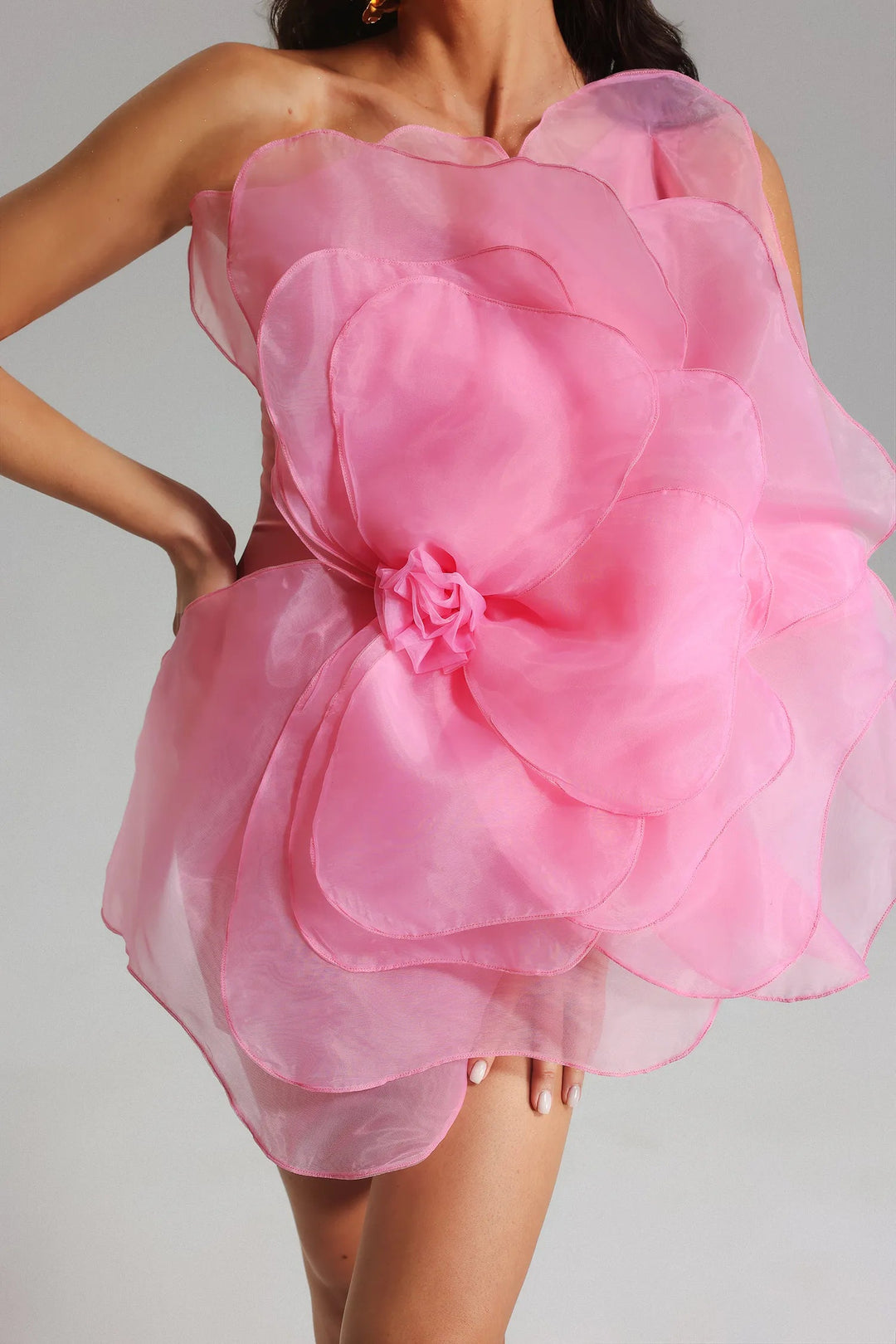 Pembe File Çiçek Mini Tüp Elbise-Pembe