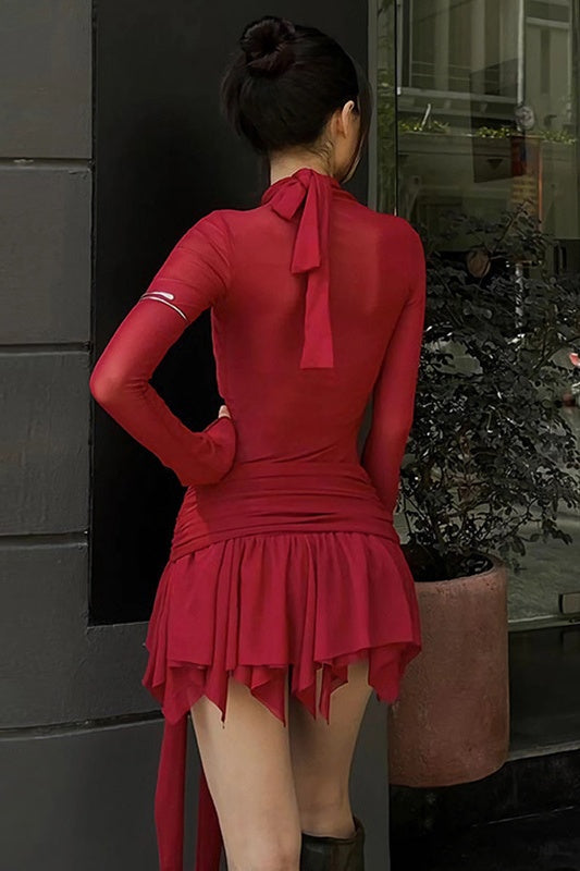 Çapraz Beden Asimetri Mini File Elbise