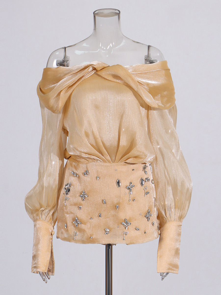 Adelina Altın Kristal Süslemeli Panelli Mini Elbise