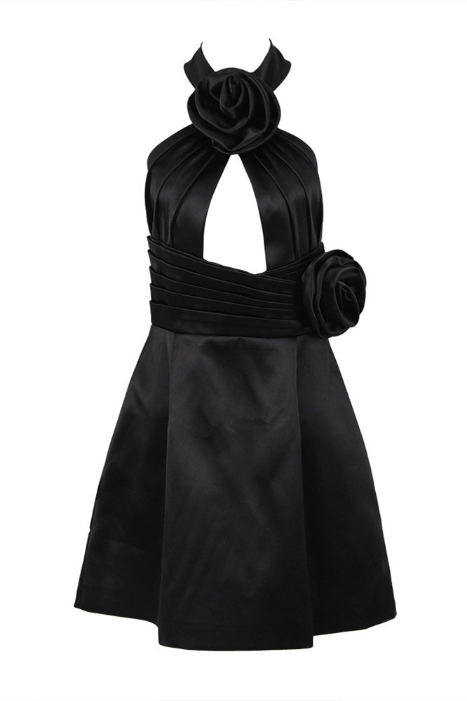 Simona Boyundan Bağlamalı Çiçek Saten Mini Elbise