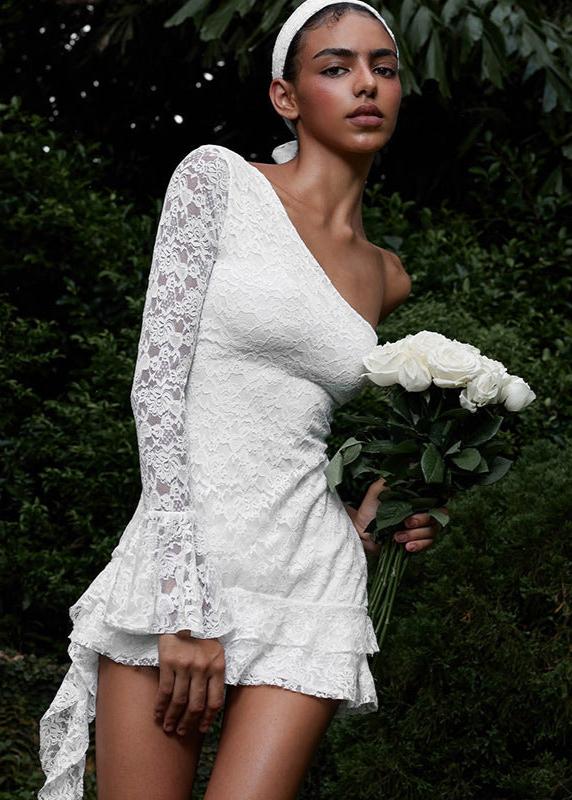 Tek Omuz Dantel Fırfırlı Mini Elbise