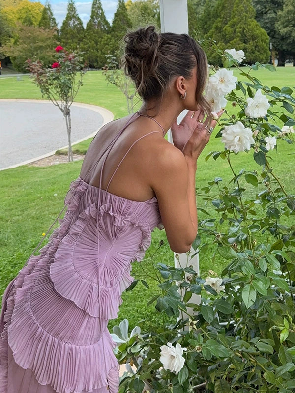 Anabella Pileli Fırfırlı Lila Midi Elbise