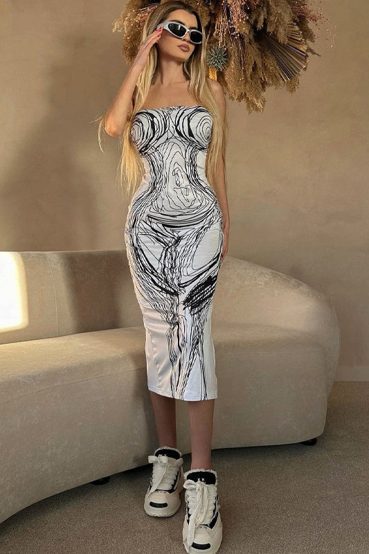 Agatha Desenli Straplez Midi Elbise