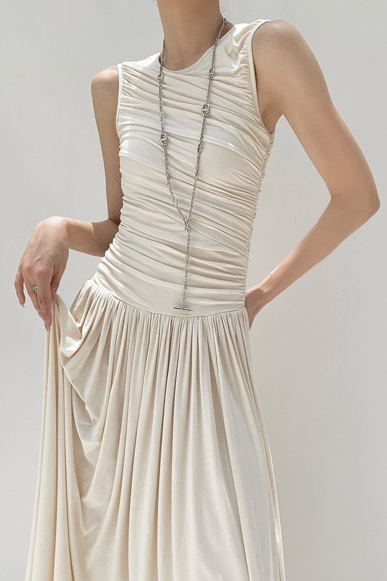 Quintina Yuvarlak Yaka Pileli Maxi Pamuklu Elbise