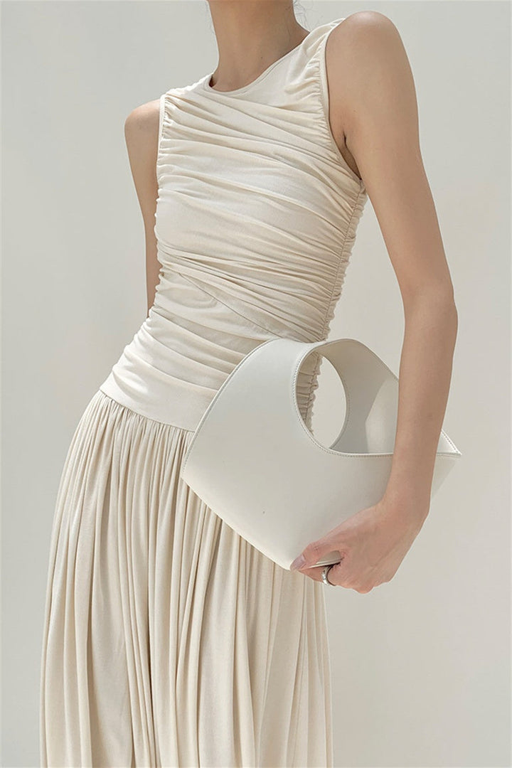 Quintina Yuvarlak Yaka Pileli Maxi Pamuklu Elbise