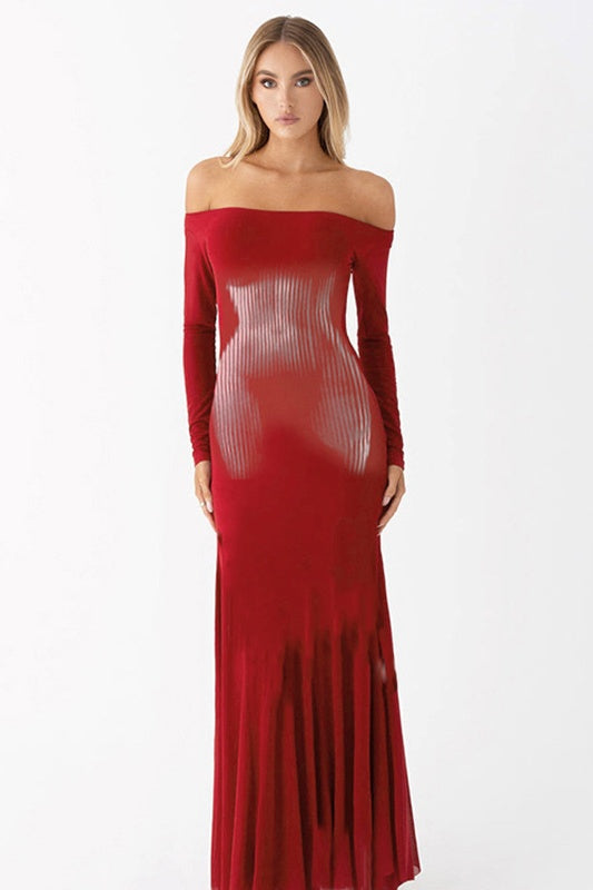 Omuzları Açık Baskılı Body Maxi Elbise