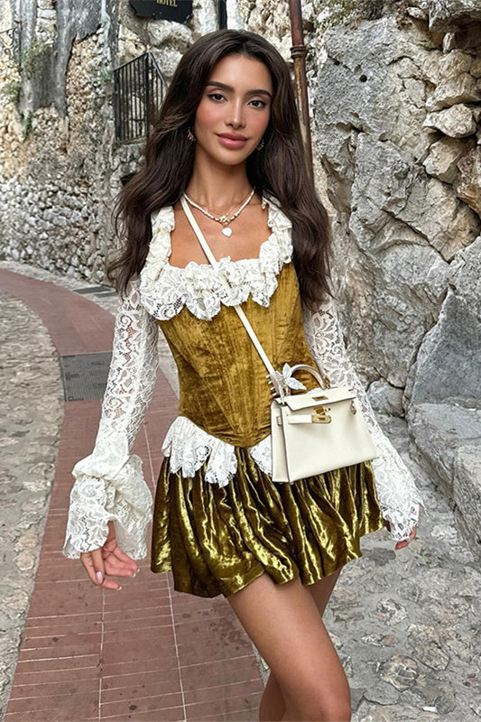 Mona Kare Yaka Kadife Korse Takım