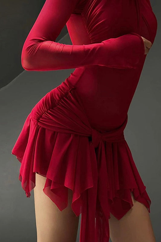 Çapraz Beden Asimetri Mini File Elbise