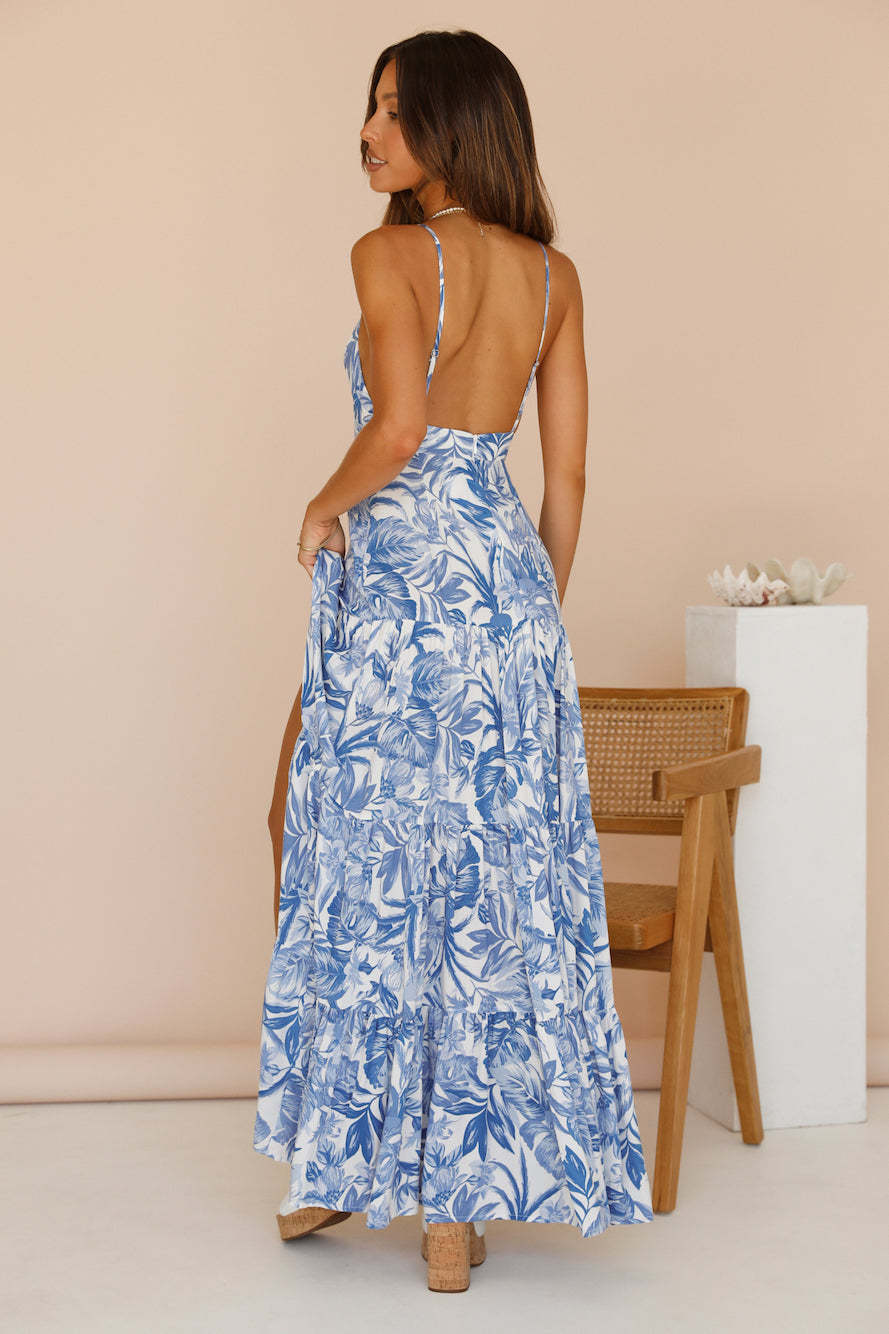 Ruth Tropikal Toile Baskı Yırtmaçlı Maxi Sundress