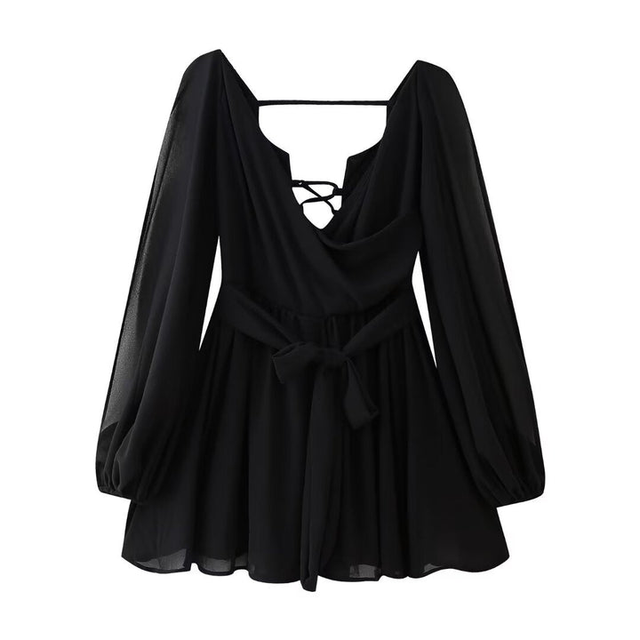 Uzun Kol Detaylı Volanlı Mini Elbise