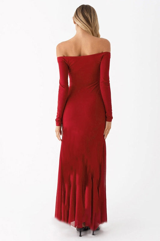 Omuzları Açık Baskılı Body Maxi Elbise