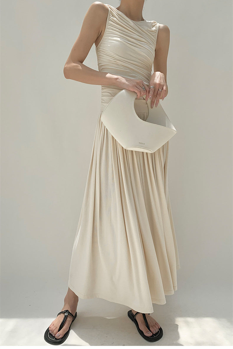 Quintina Yuvarlak Yaka Pileli Maxi Pamuklu Elbise