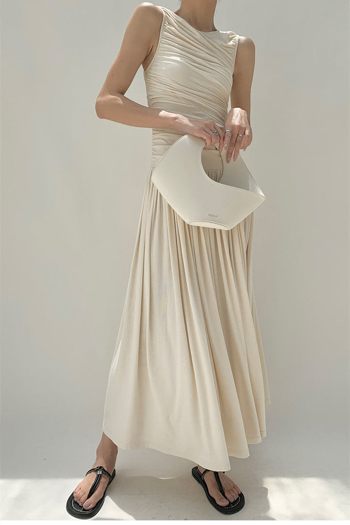 Quintina Yuvarlak Yaka Pileli Maxi Pamuklu Elbise