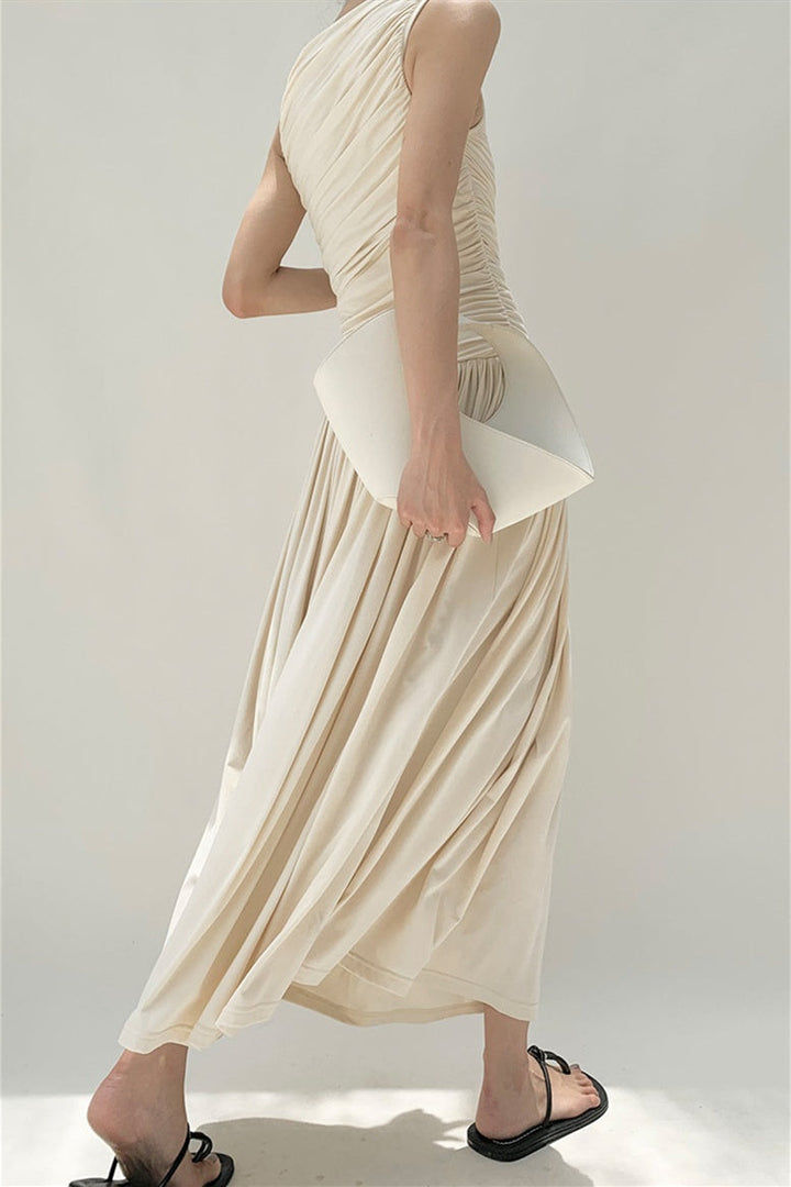 Quintina Yuvarlak Yaka Pileli Maxi Pamuklu Elbise