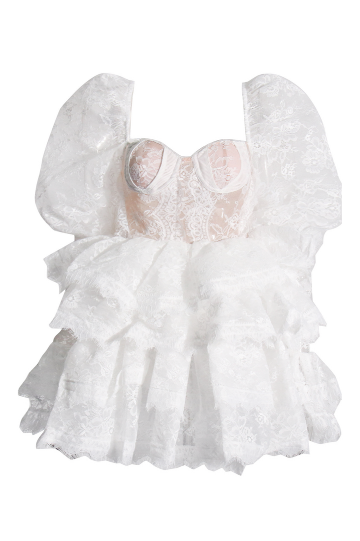 Bonnie İşlemeli Dantel Puf Kol Mini Elbise