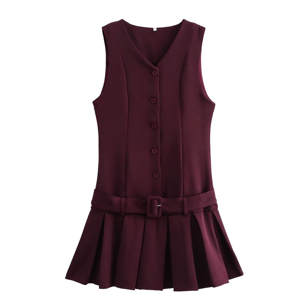 Kolsuz Düğmeli Pileli Mini Elbise