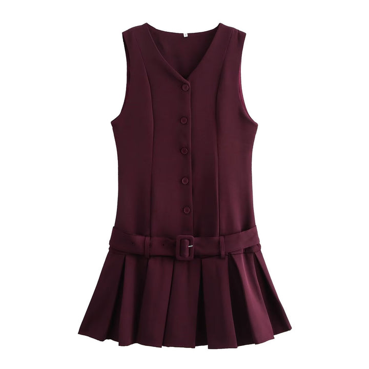 Kolsuz Düğmeli Pileli Mini Elbise