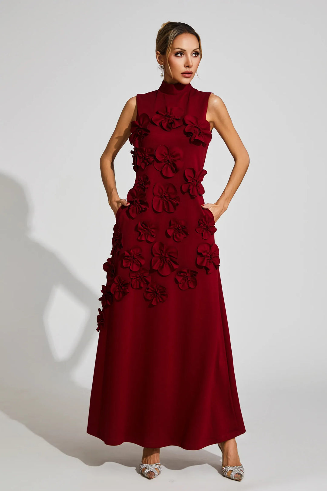 Liora Şarap Kırmızı Gül Çiçek Maxi Elbise
