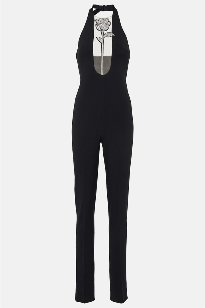 Dana Kristal Taşlı Çiçek Boyundan Bağlamalı Tulum