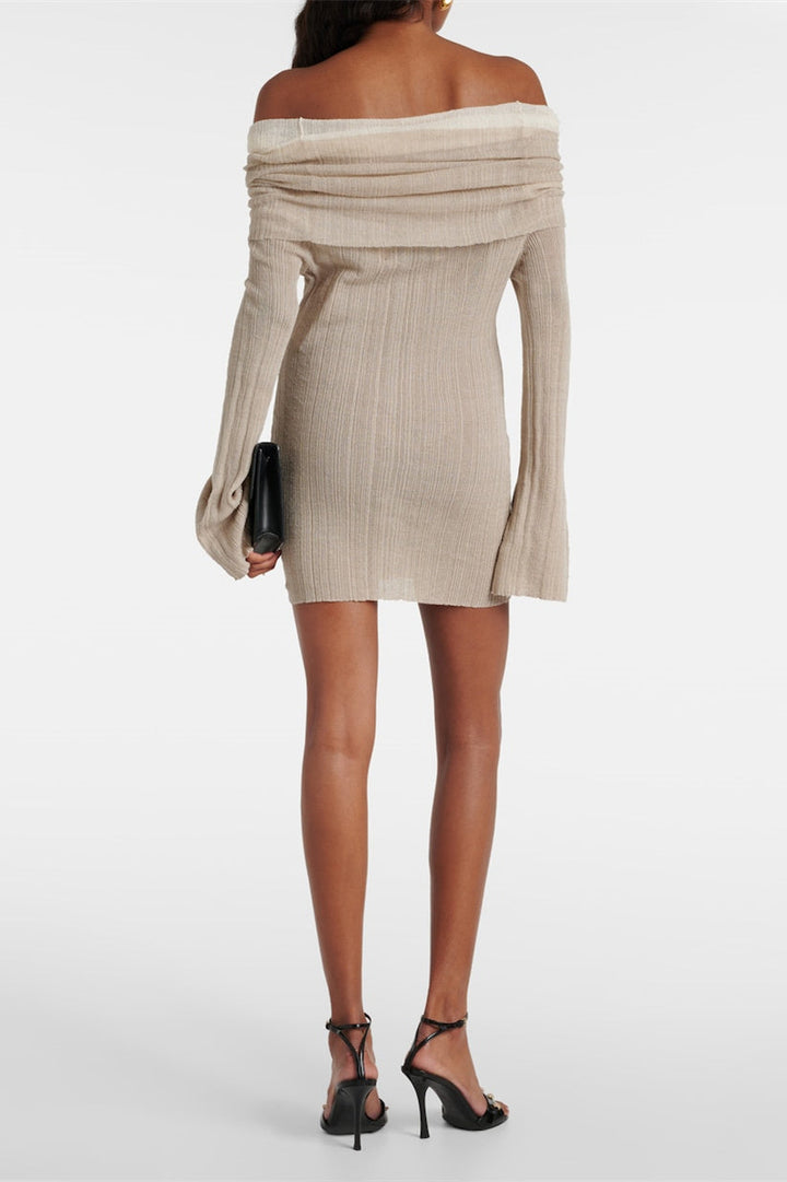 Elma Düşük Omuzlu Kloş Triko Mini Elbise