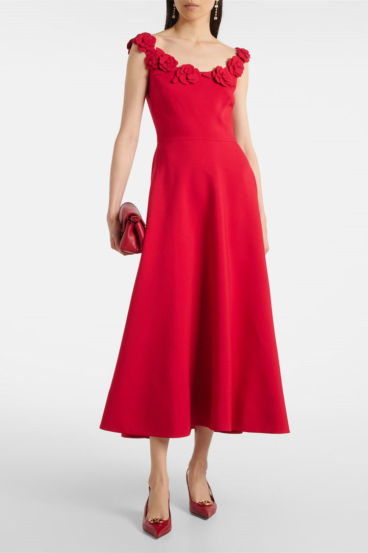 Roxanne Taşlı Çiçek Yuvarlak Yaka Midi Elbise