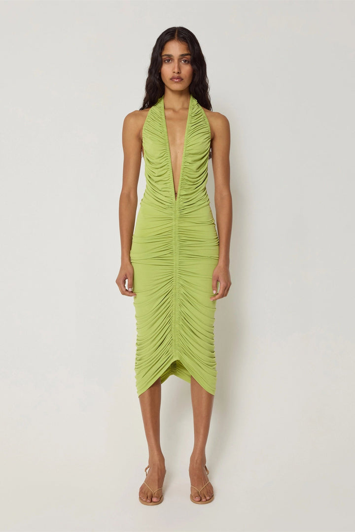 Joanna Boyundan Bağlamalı Dantelli Sırtı Açık Midi Elbise