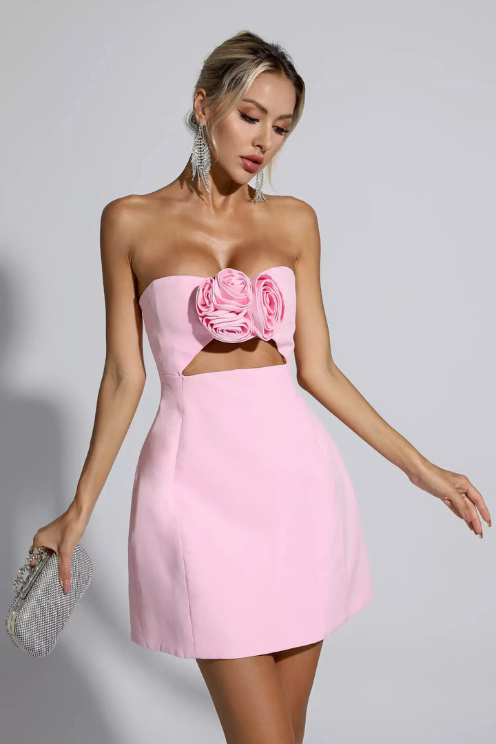 Haşhaş Pembesi Çiçekli Mini Elbise