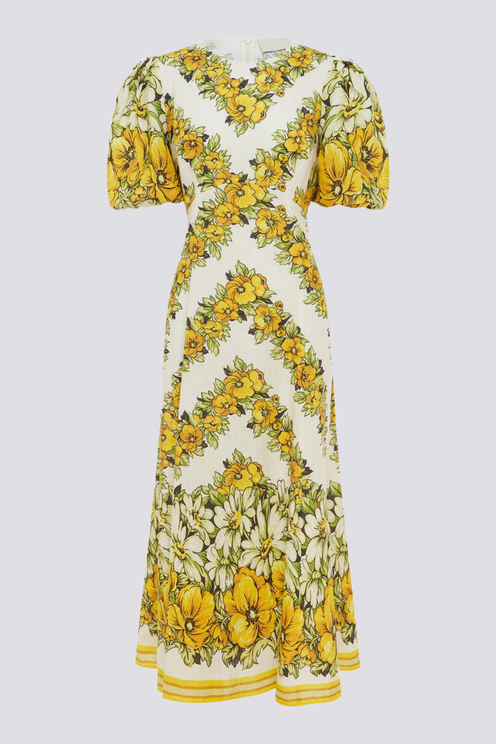 Rosalinde Yuvarlak Yaka Çiçekli Uzun Elbise Sarı