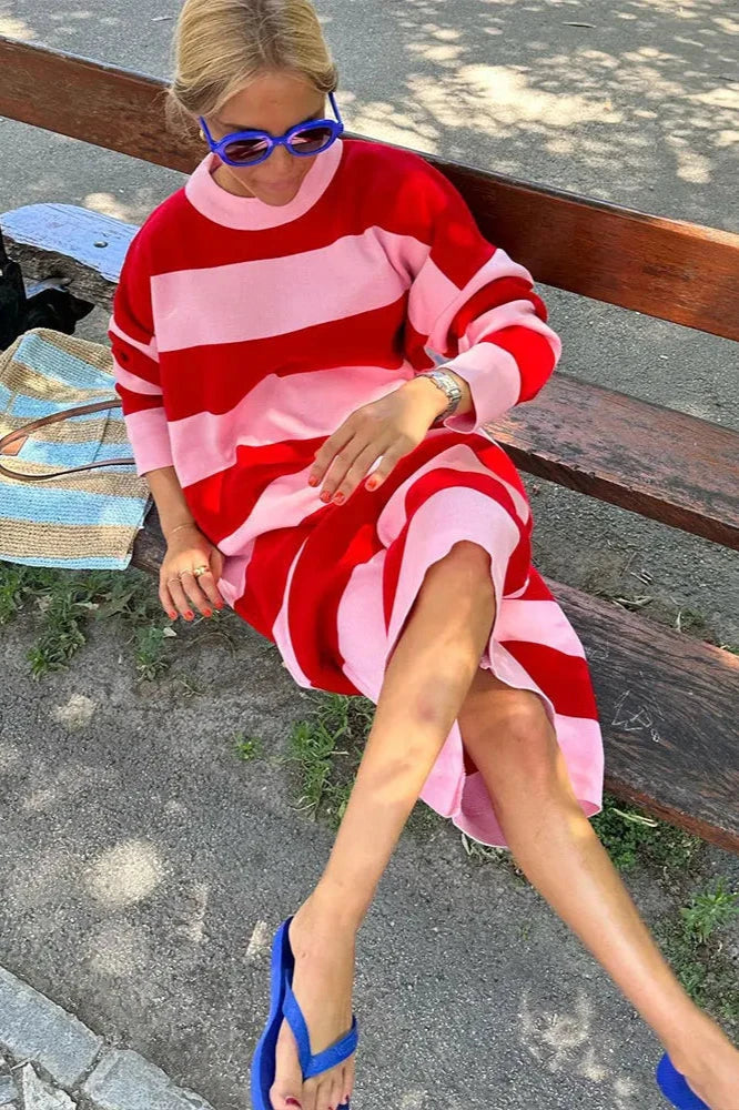 Günlük Çizgili Oversize Midi Elbise