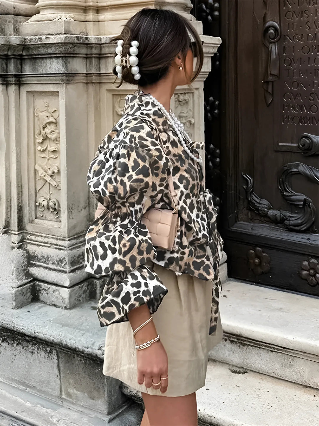 Leopar Desenli Bağlamalı Gömlek Bluz