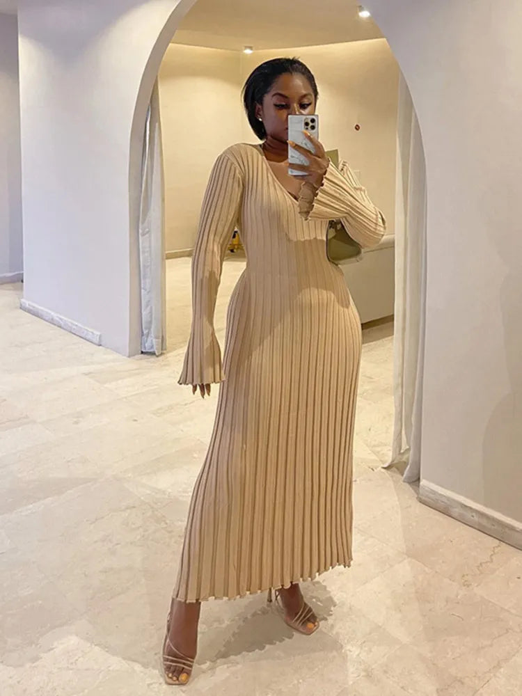 Geniş Fitilli V yaka Maxi Elbise