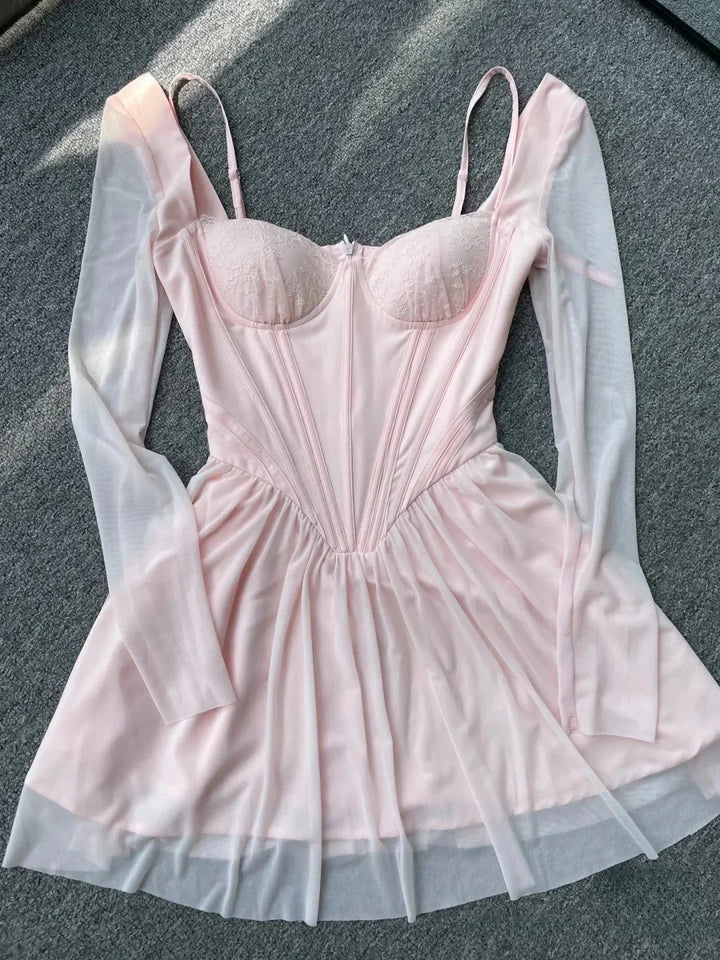 Pinky Uzun Kollu Korse Detay Elbise