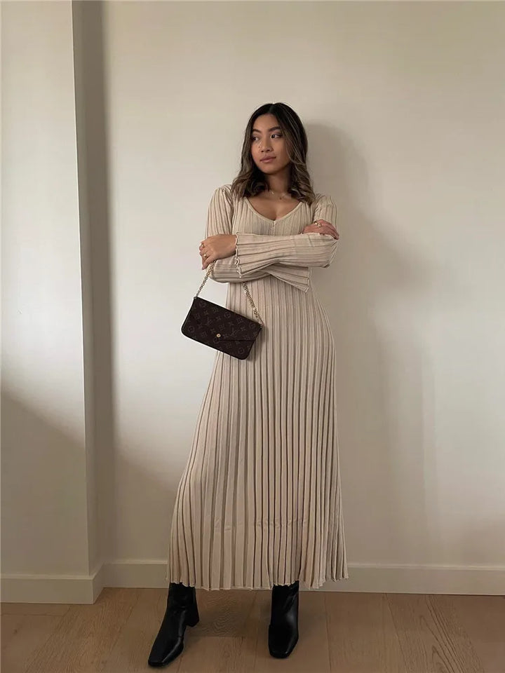 Geniş Fitilli V yaka Maxi Elbise