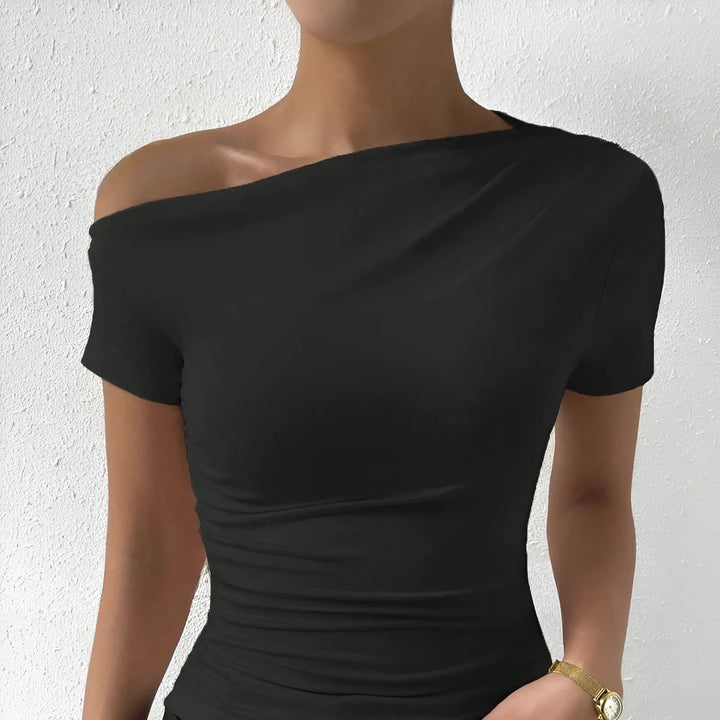 Tek Omuz Kayık Yaka Büzgü Dikiş Bluz