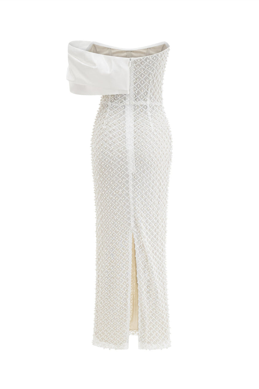 Esther İnci Taşlı Düşük Omuz Uzun Elbise