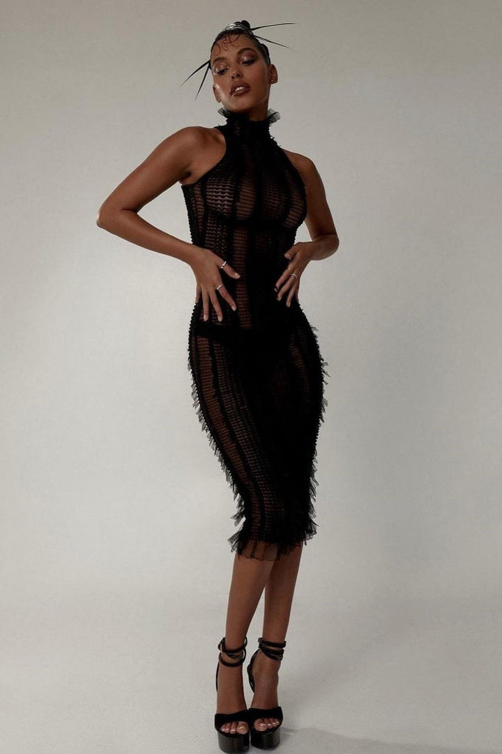 Bonnie Balıkçı Yaka Fırfırlı Midi Elbise