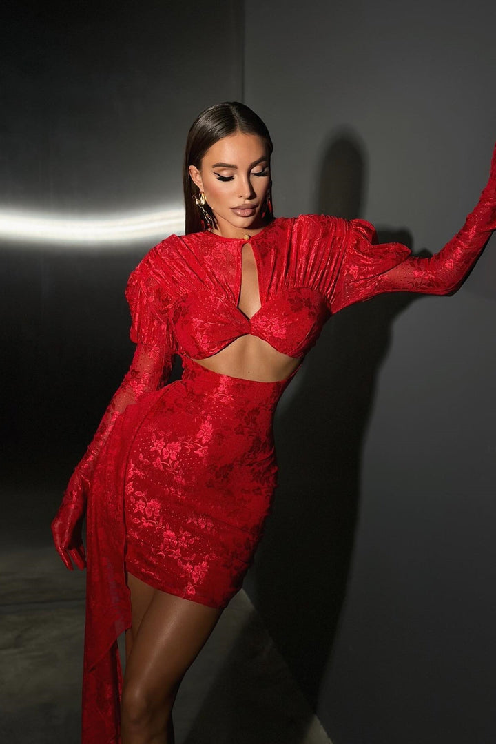 Myra Uzun Kol Dekolteli Drapeli Mini Elbise