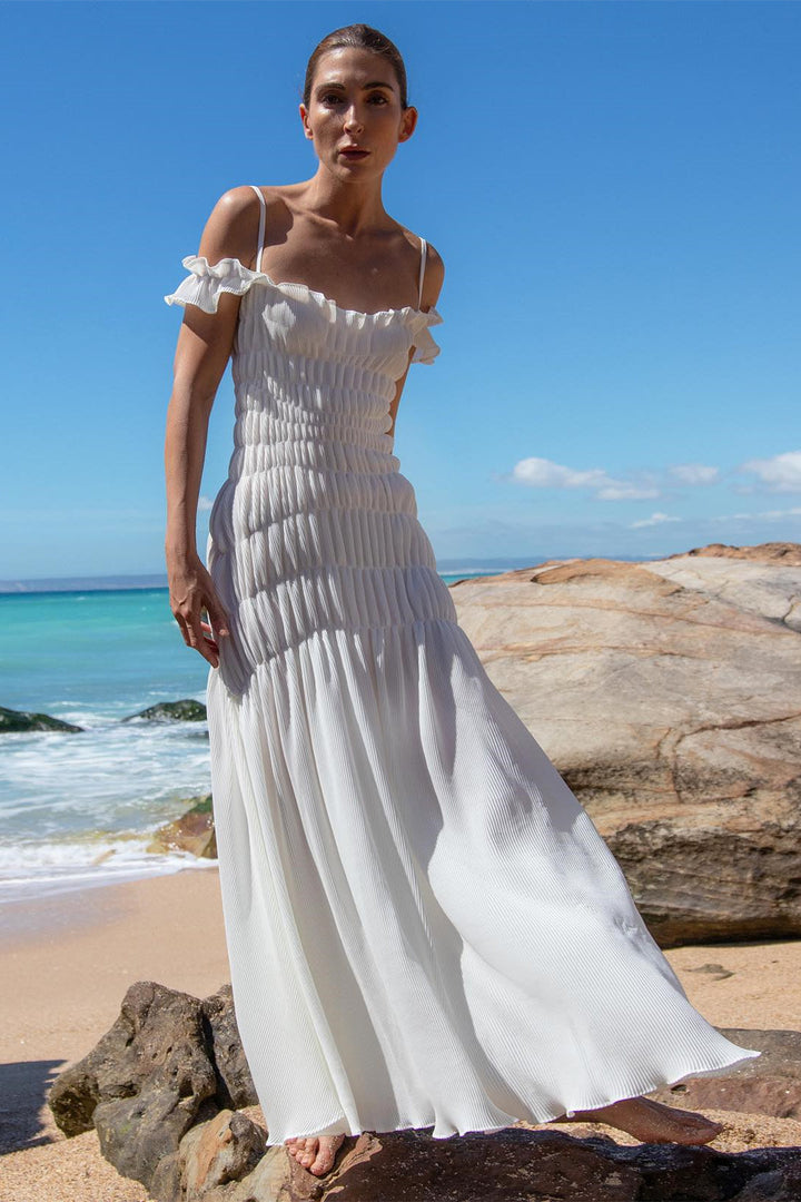 Lindsay Düşük Omuz Fırfırlı Maxi Elbise