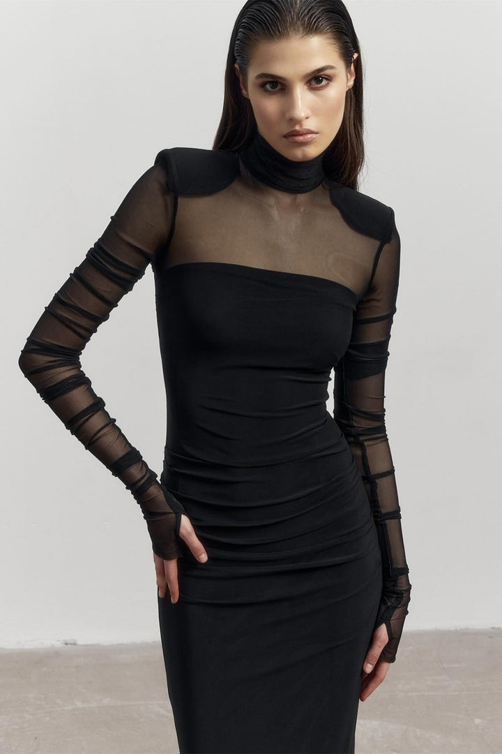 Virginia Uzun Kollu Yarı Transparan Maxi Elbise