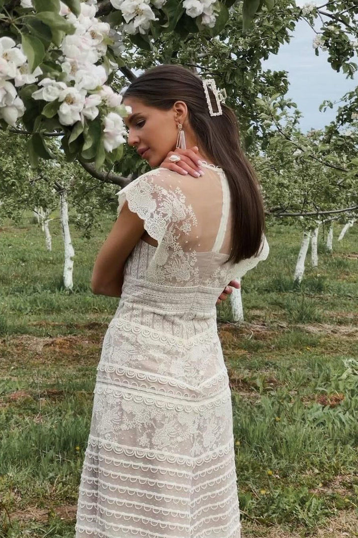 Lydia Çiçek İşlemeli File Midi Elbise