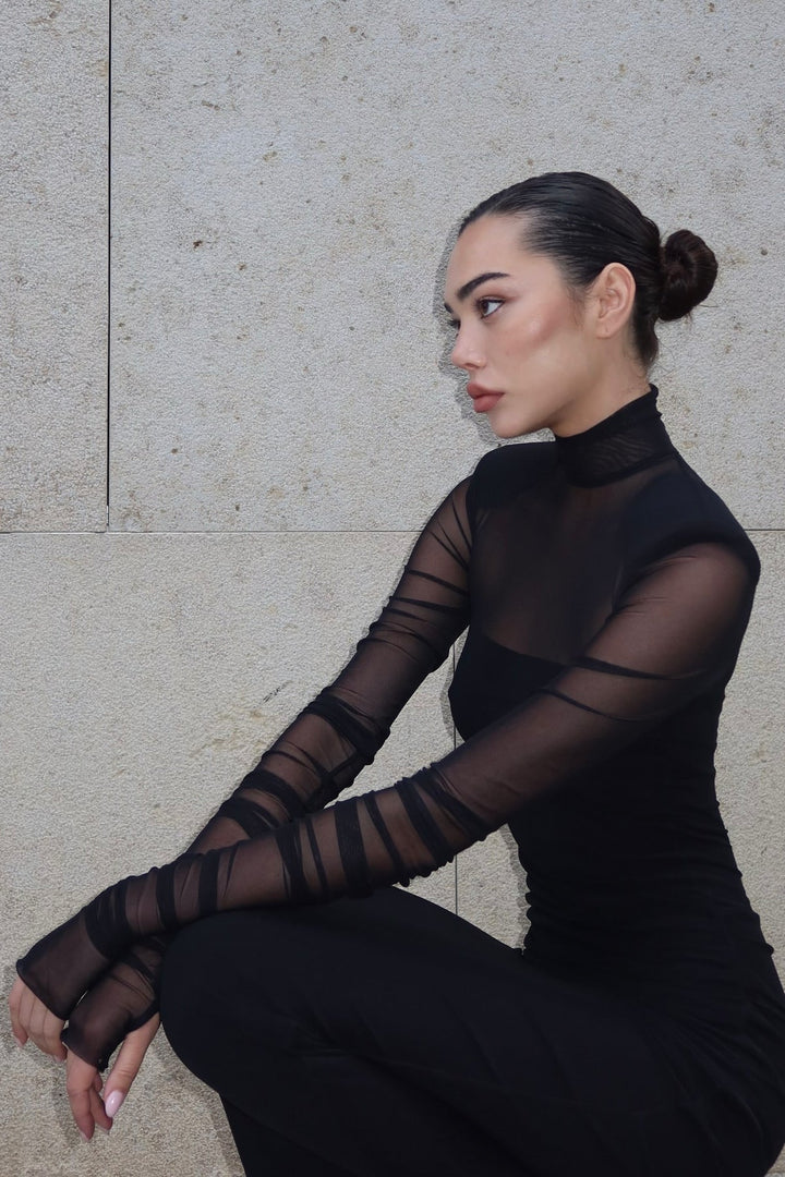 Virginia Uzun Kollu Yarı Transparan Maxi Elbise