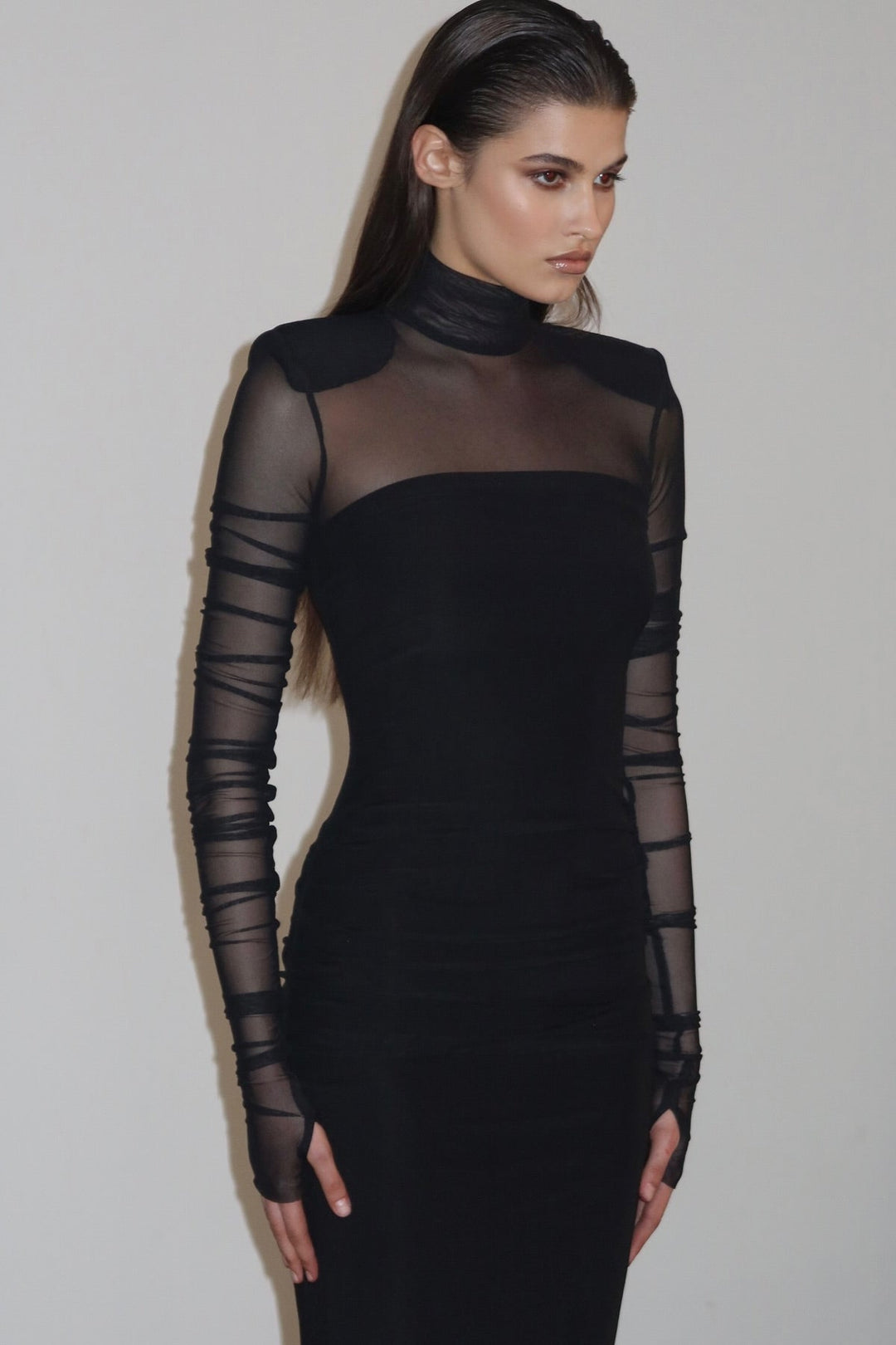 Virginia Uzun Kollu Yarı Transparan Maxi Elbise