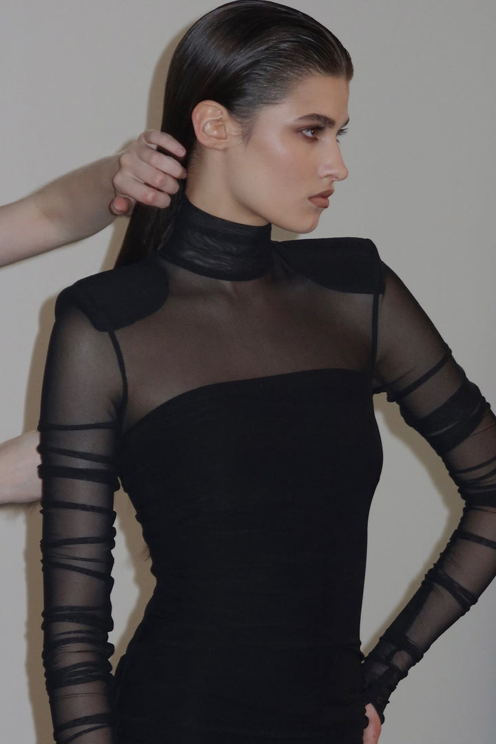 Virginia Uzun Kollu Yarı Transparan Maxi Elbise