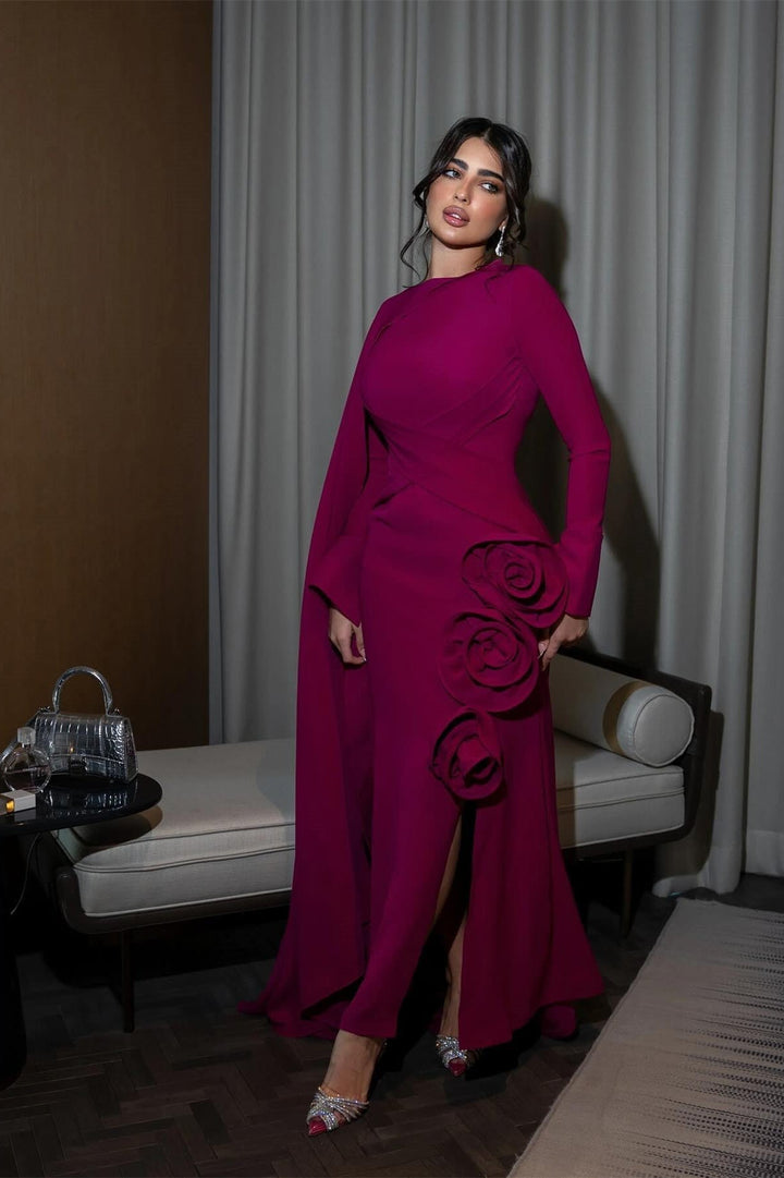 Anastasia Çiçekli Pelerinli Uzun Yırtmaçlı Elbise