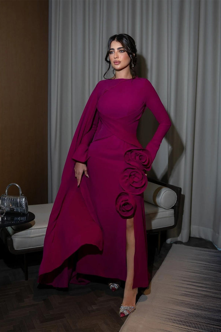 Anastasia Çiçekli Pelerinli Uzun Yırtmaçlı Elbise